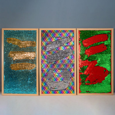 3-Piece Reversible Sequin Sensory Wall Panels with Wood Frame – Interactive Toy for Kids Rooms, Classrooms, and Therapy Room Decor