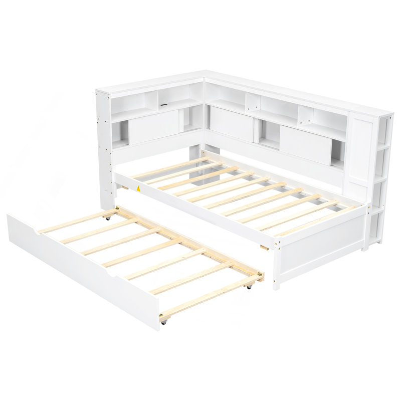 Lit de jour simple en bois avec tablettes de rangement, USB et lit gigogne, blanc