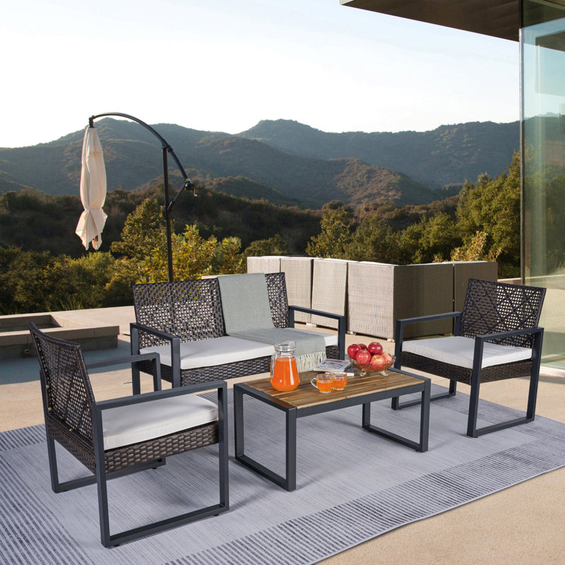 4-Piece Patio Furniture Set Outdoor Balcony Porch Garden Backyard Lawn Furniture Acacia Wood Table Top, Dark Gray