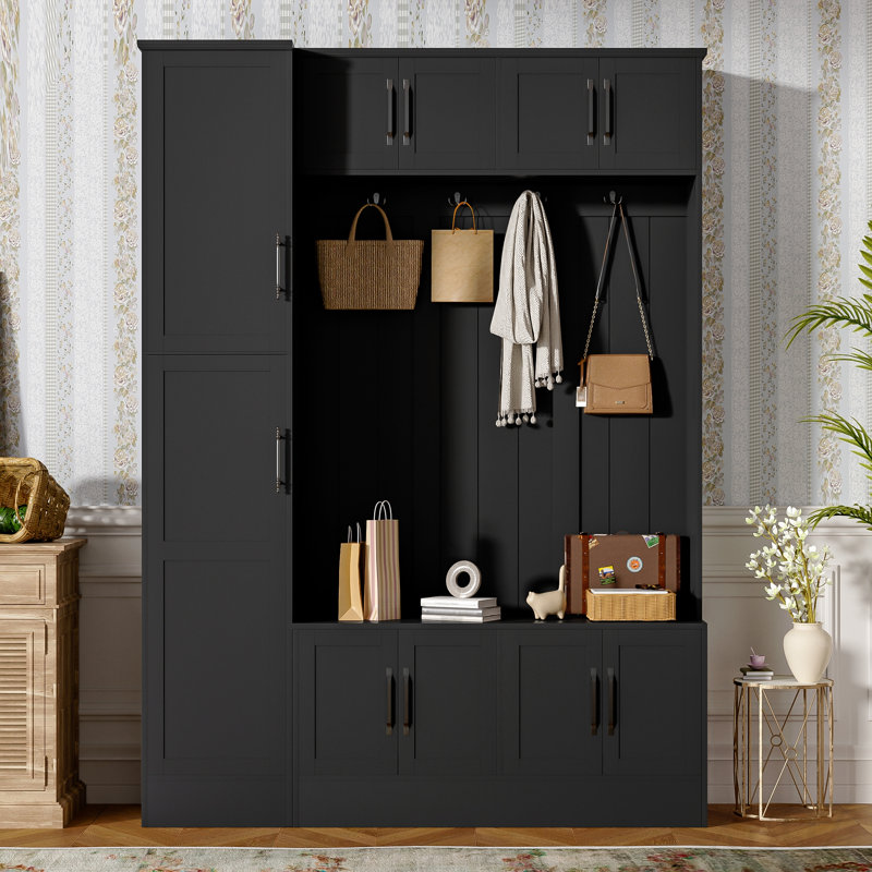 Tall Modern Hall Tree with Shoe Storage, 4-in-1 Entryway Bench with 6 Cabinets, 4 Coat Hooks & Adjustable Shelf for Hallway, living room, Black