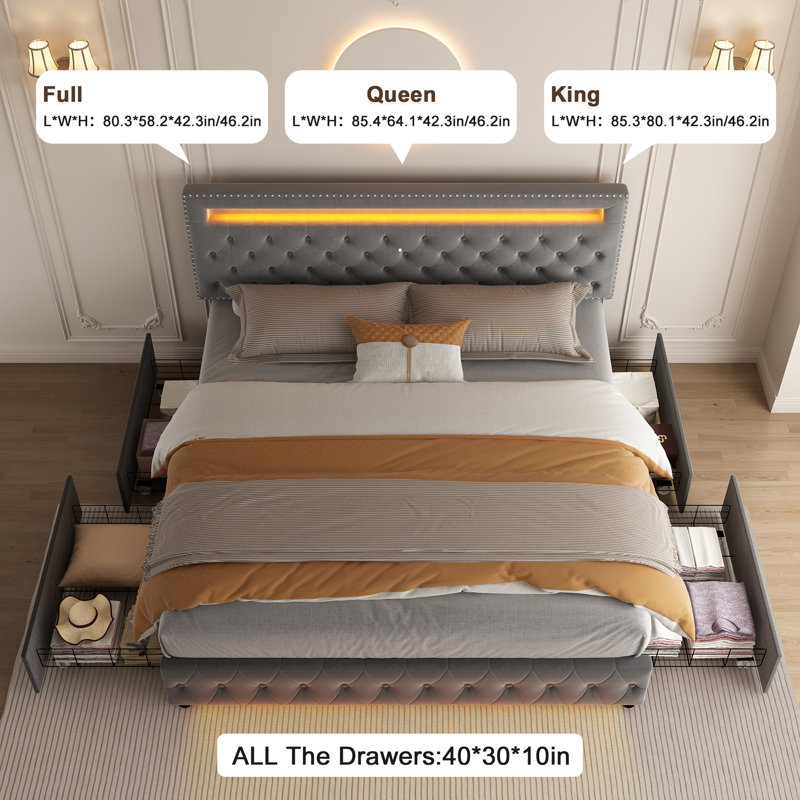 Meliz Modern Upholstered Bed Frame with 4 Bedside Drawers & Smart RGBW LED Lights, No Box Spring Needed, Easy Assembly,, King