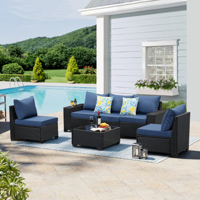 Ebern Designs 6 Pieces Patio Furniture set All-Weather Outdoor Conversation Sofa Rattan patio seating sofa