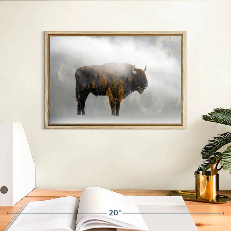 Bison de la forêt de pins, Cadre flottant en bois naturel, 13 po x 9 po