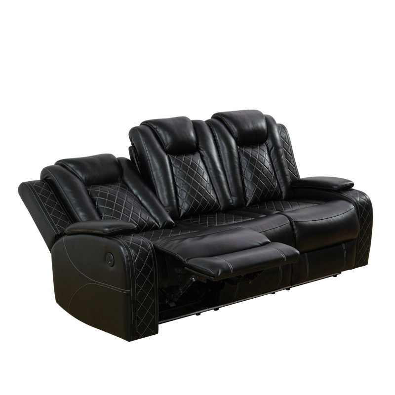 83" Breathable Leather Power Reclining Sofa with Wireless Chargers and Blue LED Light, Black