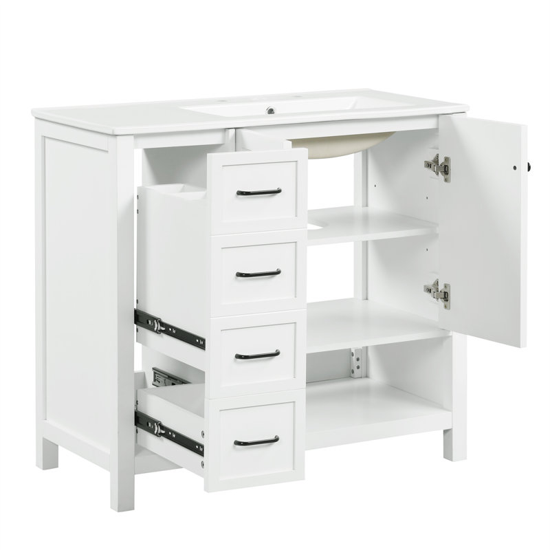 Meuble-lavabo moderne 36 po avec lavabo en céramique, armoire de rangement en bois massif avec tiroirs et tablette ouverte (blanc / noir / gris)