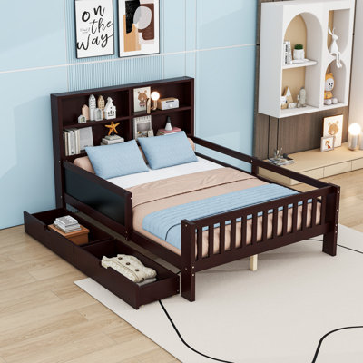 Wooden Platform Bed With Chalkboard And 2 Drawers