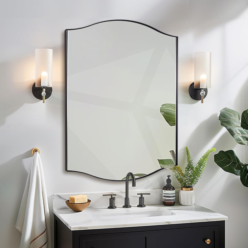 Dual Arch Scalloped Rectangular Bathroom Wall Mirror | Stainless Steel Frame, Matte Black, 40" x 30"
