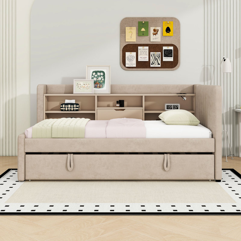 Twin Upholstered Daybed with Trundle, Built-in Storage Shelves and USB, Beige