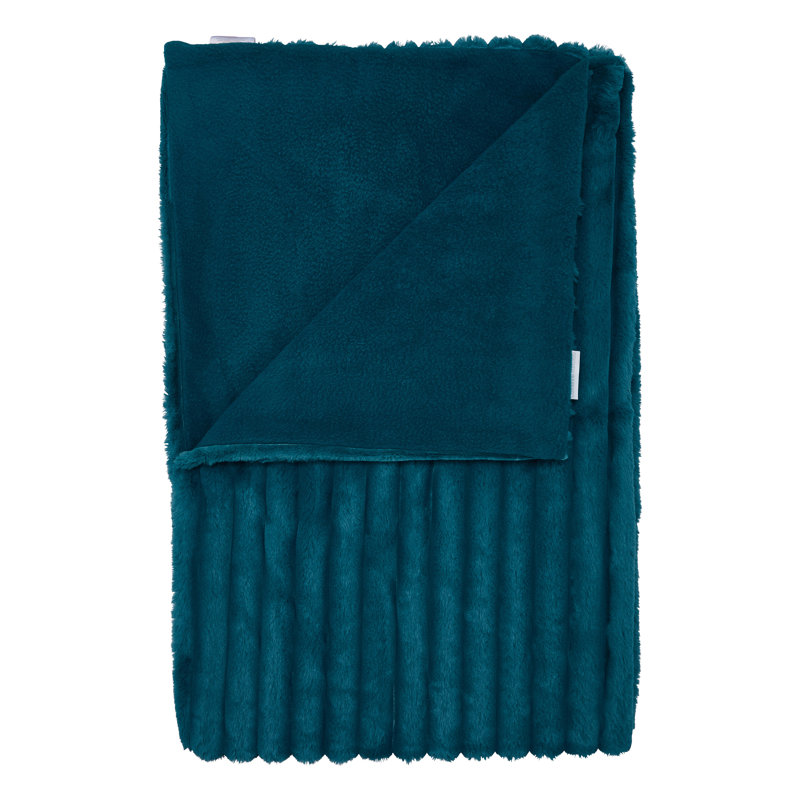 Cosy Ribbed Faux Fur Blanket Throw, Teal Green
