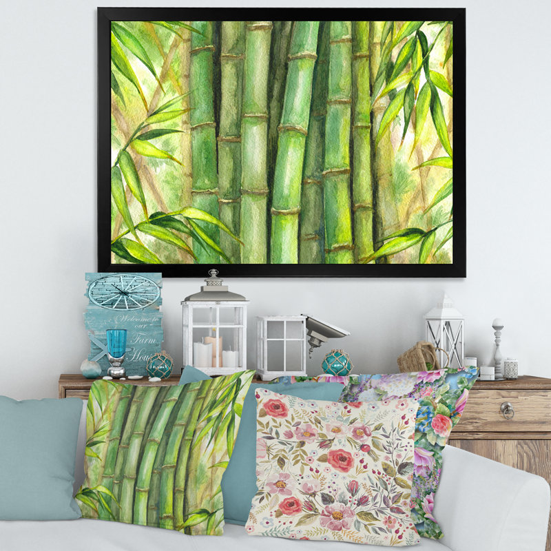 Tiges de bambou vert vif - peinture sur toile, H 12 po x l 20 po x p 1 po, Cadre photo noir