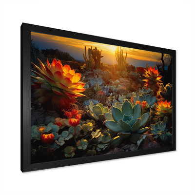 Succulent Desert Cactus Field Burning Sunset On Canvas Print