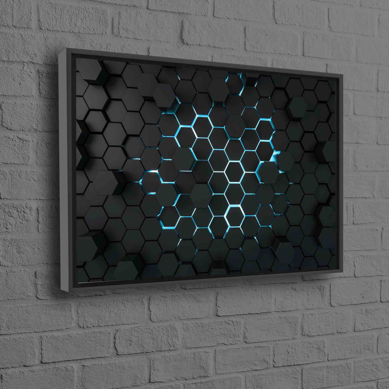 Toile à motif géométrique noir à effet 3D, idéale pour un décor loft, Noir, Reproduction encadrée sans passe-partout