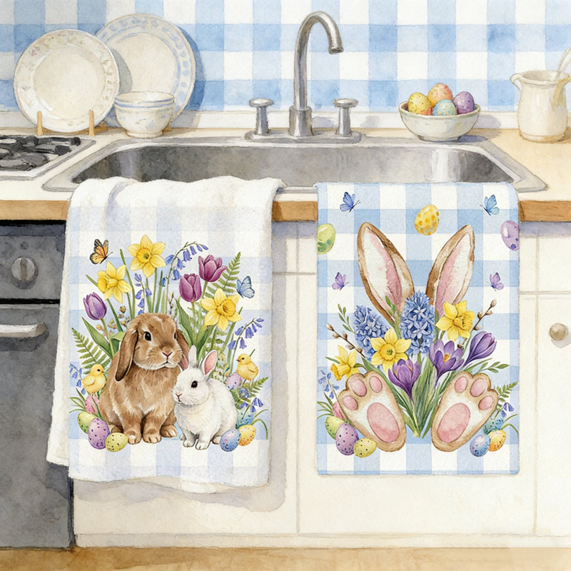 Easter Themed Kitchen Towel Set Of 2, Absorbent Dish Cloth For Cooking And Baking, 23.6x15.7in Multicolor