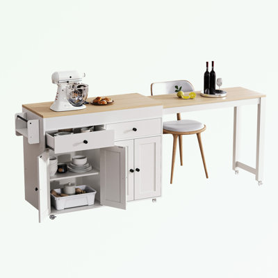 Îlot de cuisine avec table de salle à manger extensible, étagère à épices et 2 tiroirs