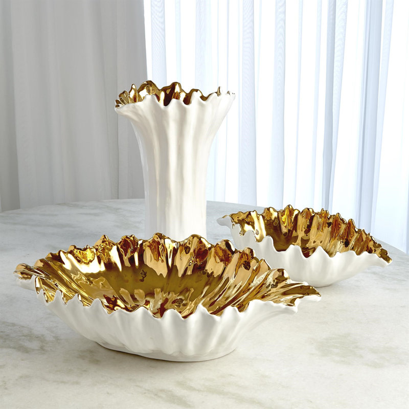 Organic Wave Oval Bowl-White-Lg, 5.75" H x 18.50" W x 10.50" D, White/Gold