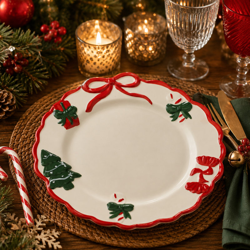 Assiette à salade des Fêtes en céramique - plat de service de Noël festonné, vaisselle décorative