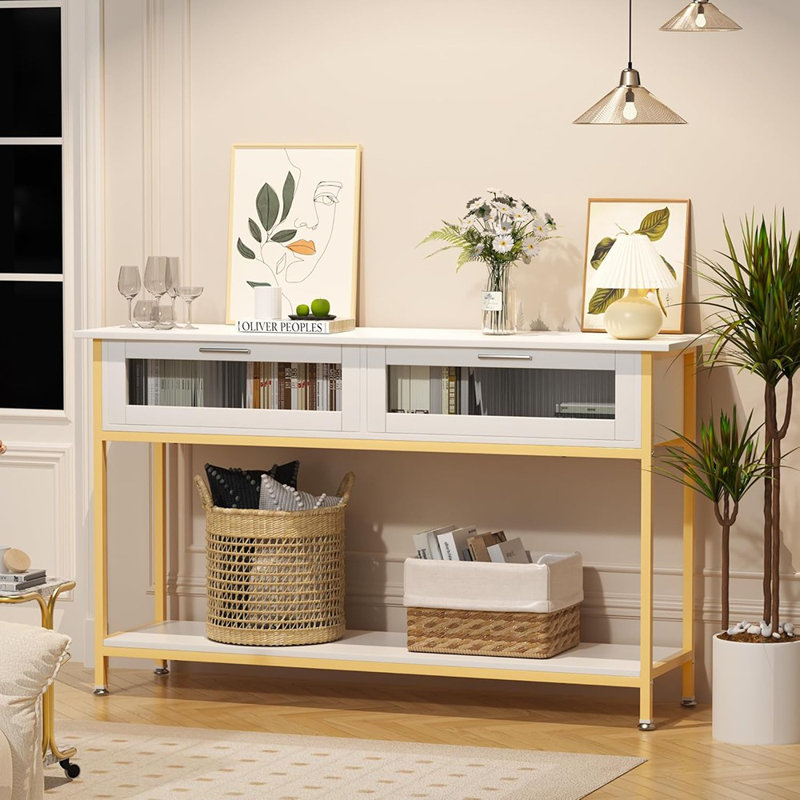 Console de 47 po avec 2 tiroirs, table de canapé à 2 niveaux avec rangement, table de vestibule, console industrielle pour vestibule, table de canapé derrière le canapé pour le salon (or blanc)