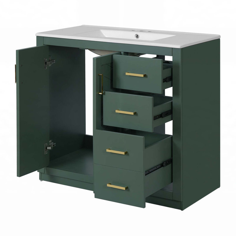 36'' Bathroom Vanity with Ceramic Sink, Solid Wood Frame, Spacious Storage, Soft-Closing Doors & Drawers, Freestanding Set
