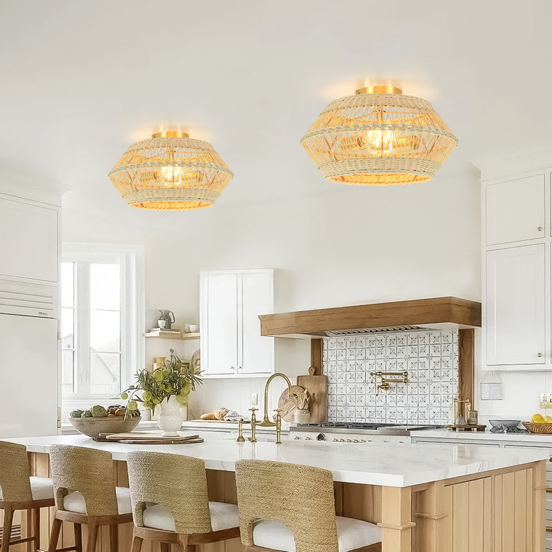 Fortner 2 - Light Dimmable Rattan Shaded Geometric Semi Flush Mount