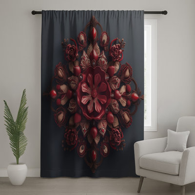 Rideaux de fenêtre rouges complexes, voilages et voilages à motif mandala - 1 panneau