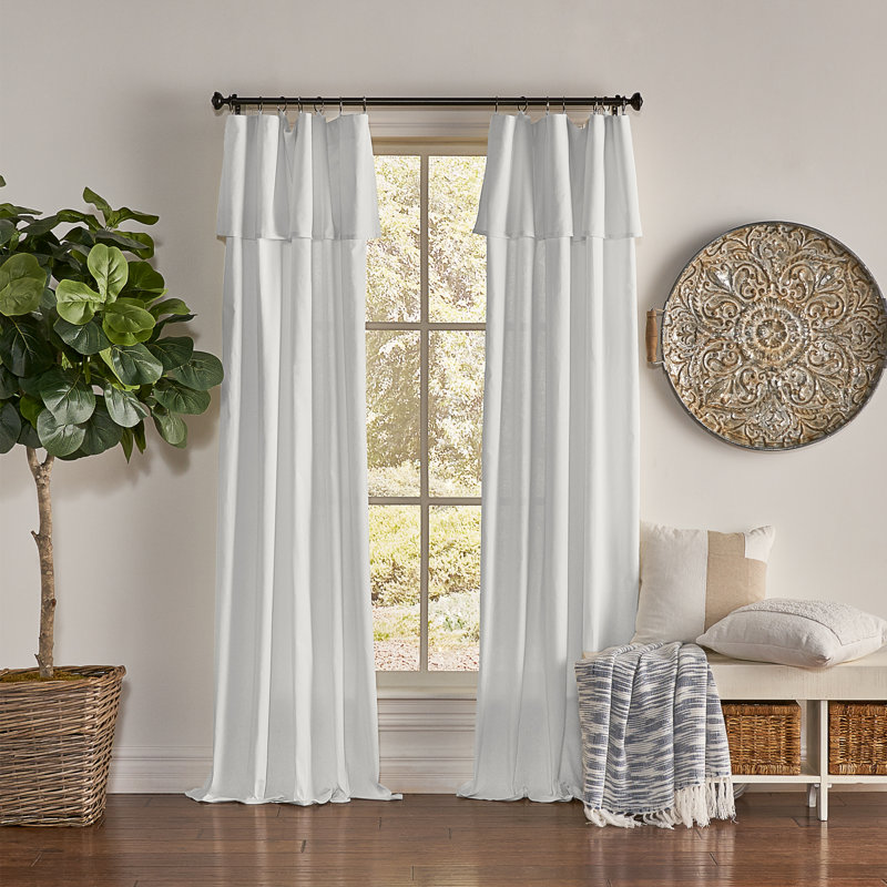 Drop Cloth Curtain Panel, Light Filtering Ring and Tab Top with Attached Valance, 95 in Long x 50 in Wide, Farmhouse Single Window Panel, Bedroom, Living Room and Dining Room, White