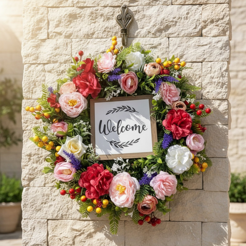 Couronne de bienvenue 15,7 pouces au printemps et en été pour porte d'entrée