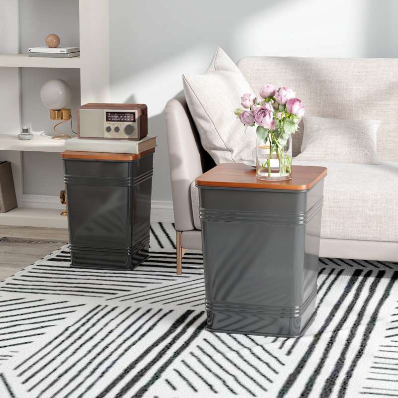 Ottoman With Storage Set Of 2, Industrial Accent Side Table With Removable Wood Lid, Metal Frame And Hidden Space, Nesting Ottoman Stool For Living Room, Black