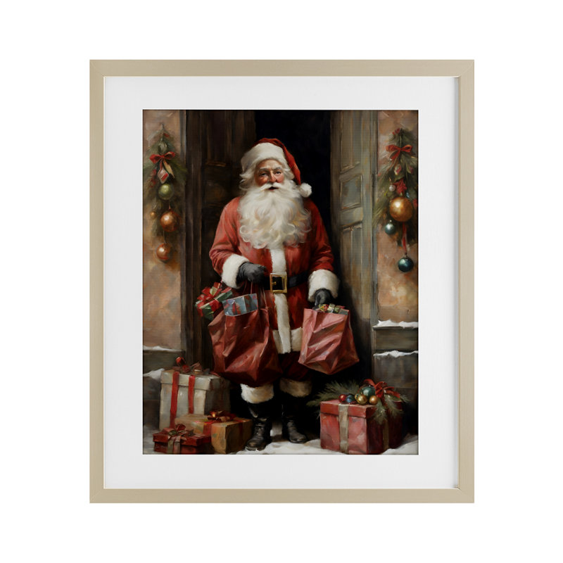 «Santa Claus on Doorstep», reproduction encadrée sous verre, conception de Jo Moulton, H 21 po x l 17 po