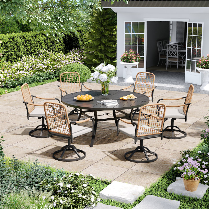 6-Person Outdoor Dining Set With Swivel Rattan Chairs, Black