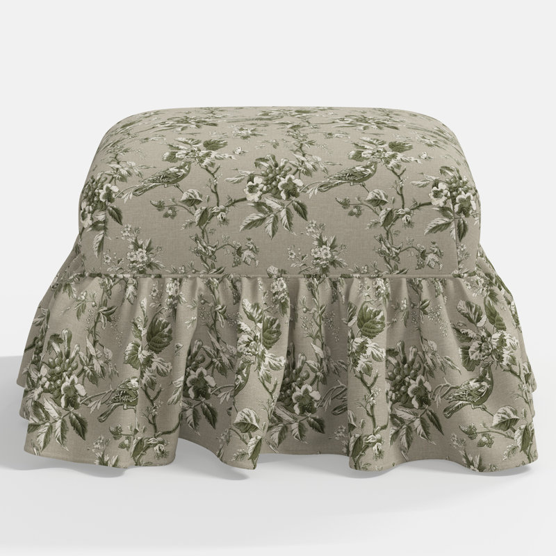 June Upholstered Ottoman, Michigan Bird Toile Olive