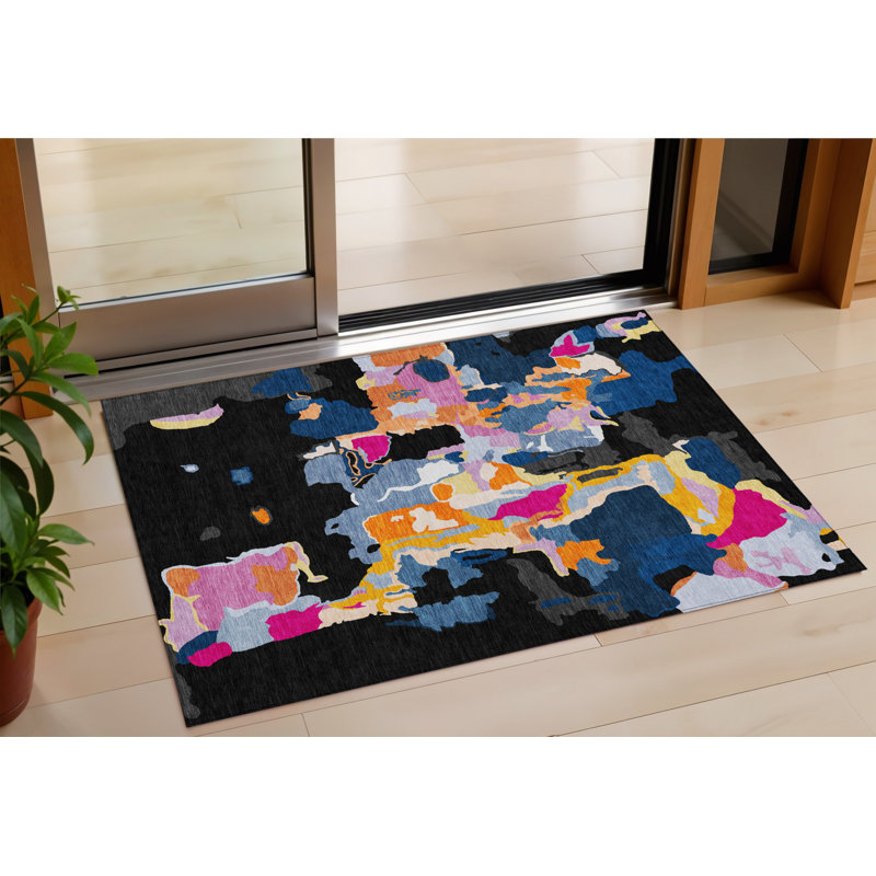 Tapis d'extérieur lavable abstrait bleu, bleu et rose 3 pi x 5 pi