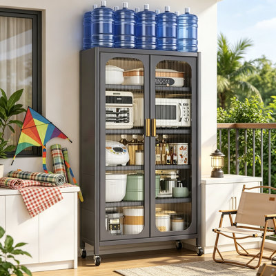 Durable 6-Tier Metal Kitchen Pantry Storage Cabinet with Transparent Doors, Adjustable Shelves, and Wheels for Versatile Use