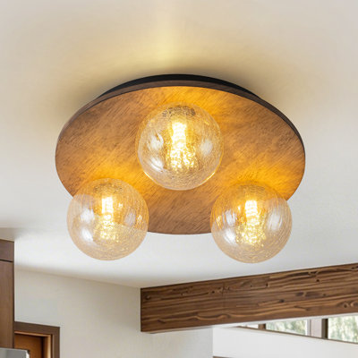 3-Light Glass Goble Wooden Round Flush Mount