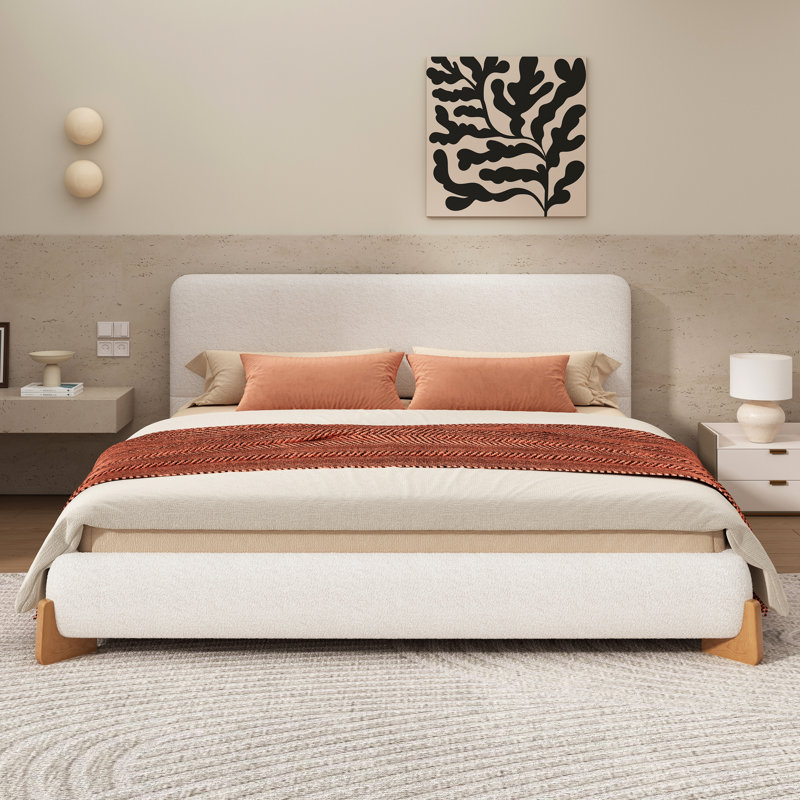 Élégant lit rembourré Boucle, une pièce maîtresse de chambre luxueuse et confortable, Grand lit, Blanc/naturel