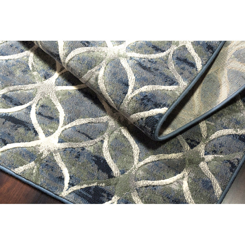 Tapis bleu à motif géométrique Majeski, Rectangle 6 pi 7 po x 9 pi 6 po