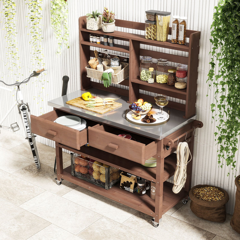 Table de rempotage d'extérieur avec huche supérieure, plateau en acier inoxydable et roulettes verrouillables, Brun