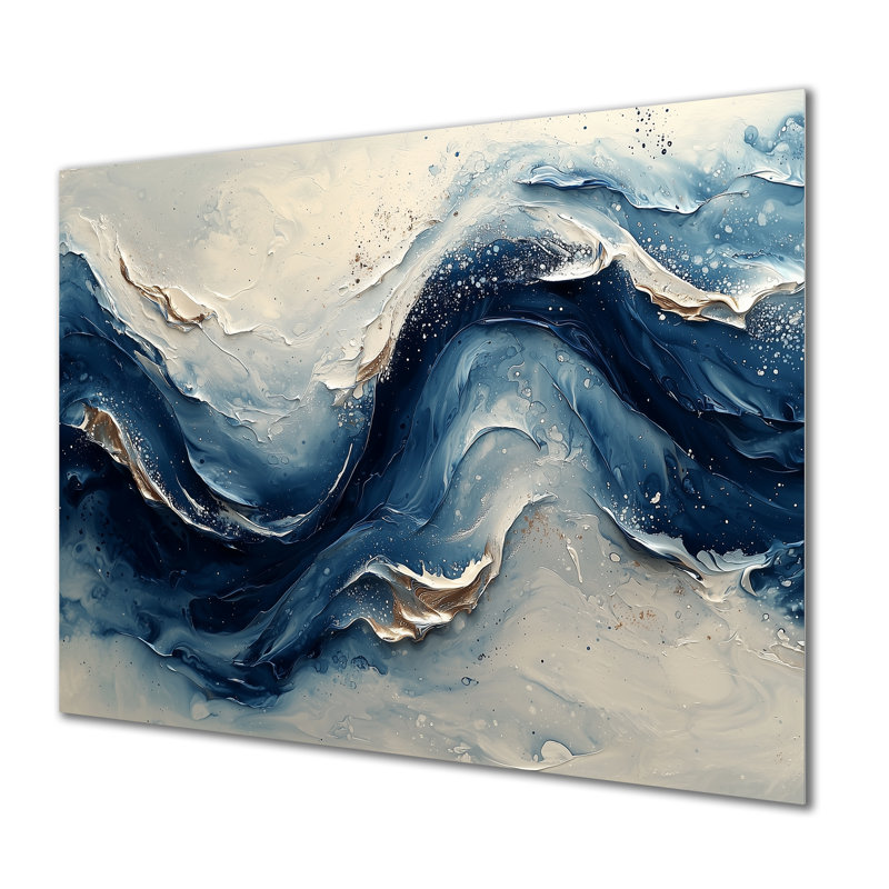 Encre bleue et grise «River Waves», peinture murale abstraite, reproduction d'art moderne en métal, H 24 po x l 32 po