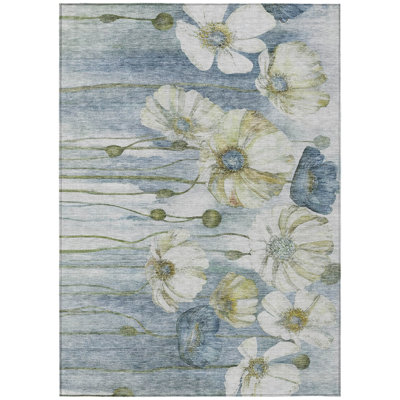 HomeRoots 3' X 5' Denim Blue And Sky Blue Floral Washable Indoor Outdoor Area Rug
