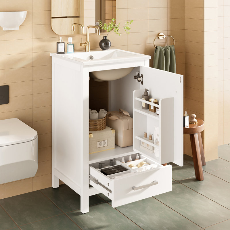 18" Single Bathroom Vanity With Ceramic Top, White