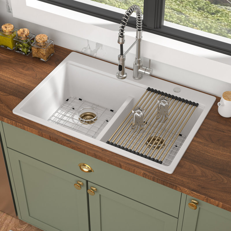 Quartz 33"L x 22"W Workstation Kitchen Sink Drop In Granite Composite Double Bowl Kitchen Sink with Gold Basket Strainer,Bottom Grid