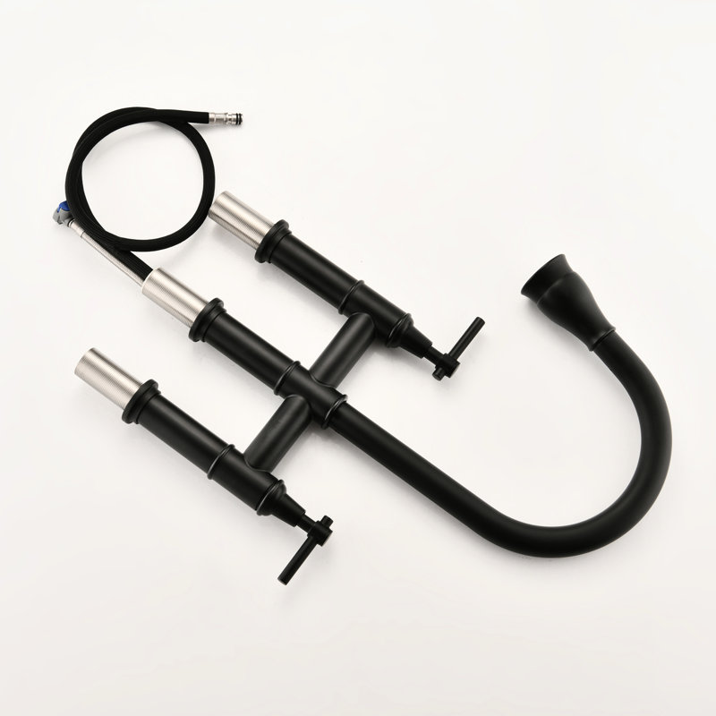 Robinet de pont rétractable à deux poignées pour la cuisine en noir mat, corrosion, acier inoxydable 304, débit de 1,5 gallon par minute, portée de 8,85 po, hauteur de 9,25 po noir avec conception et douchette, débit 304