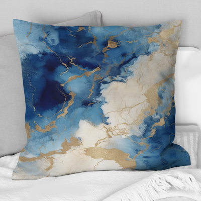 Blue And Gold Marble Clouds X - Fractals Printed Throw Pillow