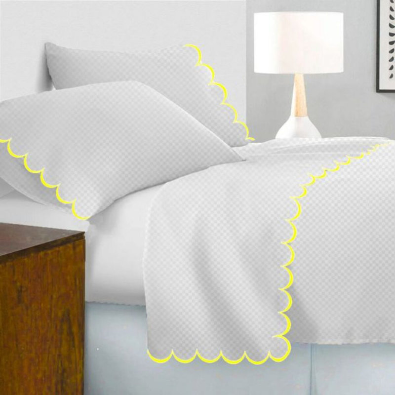 Allena 400TC Cotton Scallop Embroidery Sateen Microcheck Cotton 4 Piece Sheet Set Fitted Sheet Fits Upto 16" Deep Pocket