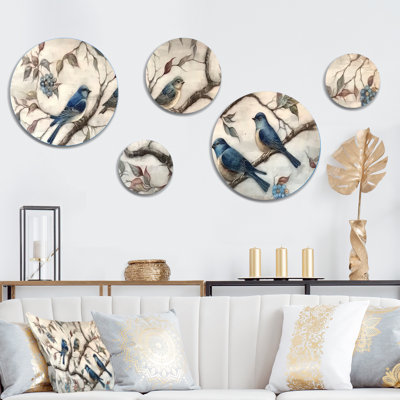 Décoration murale en métal «Quatre oiseaux bleus sur une branche II»