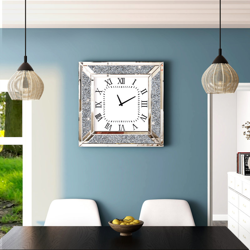 Jeni Mirrored Wall Clock with Diamond, Silver