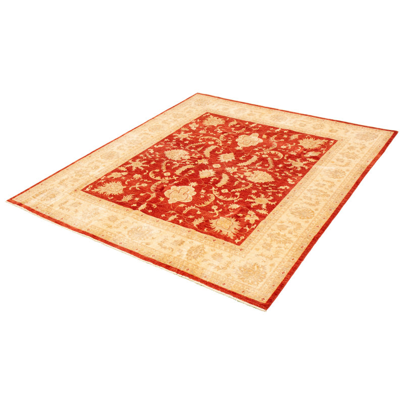 Tapis décoratif en laine noué à la main de conception unique 8 pi x 9 pi 8 po « New Age » rouge/Ivoire/orange