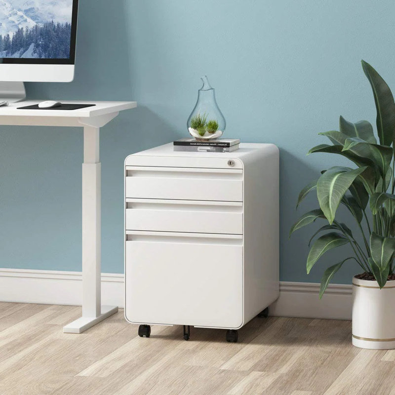 3 Drawer File Cabinet, Metal Filing Cabinets with Lock Wheels, Anti-tilt Under Desk Design (No Assembly Required), White