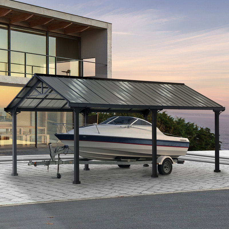 Sunjoy Carport 12 ft. x 20 ft. Outdoor Gazebo Heavy Duty Garage Car Shelter with Powder-Coated Steel Roof and Frame, Dark Gray