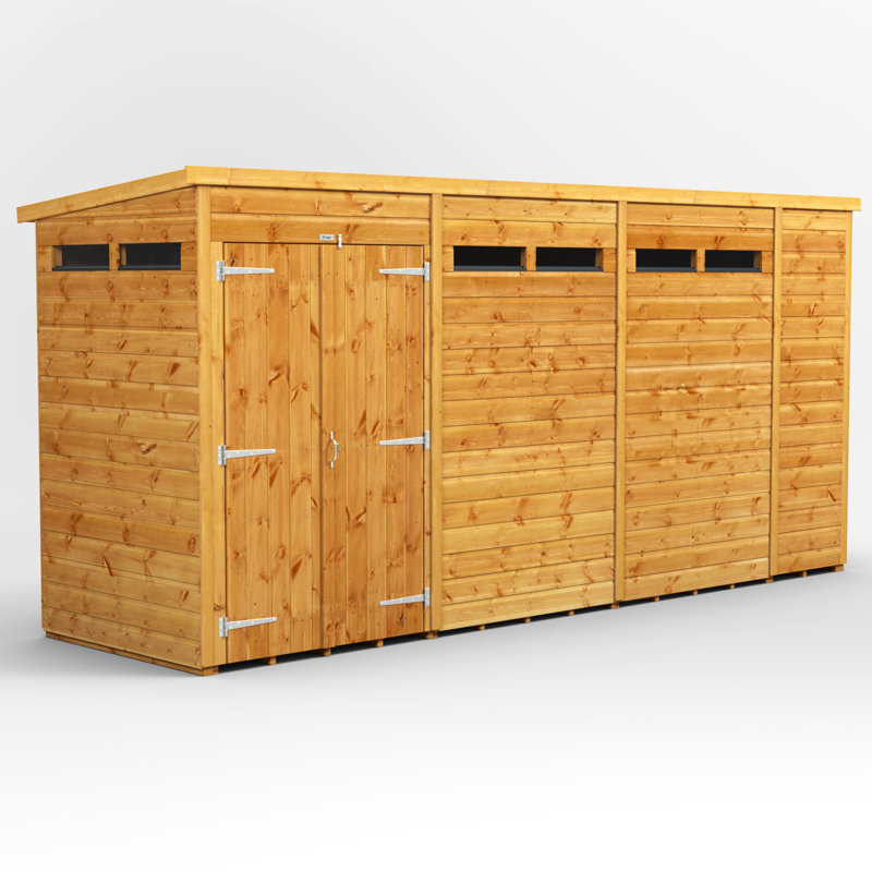 Powersheds 14 x 4ft Timber Tongue & Groove Security Pent Garden Shed, Double Doors