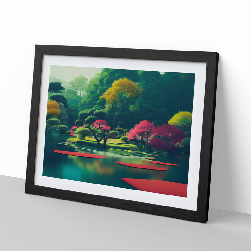 Japanese Garden Pond - Single Picture Frame Painting, 34cm H x 46cm W x 2cm D, Black